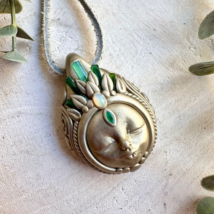 Natural gemstone pendant with Green Tourmaline, colorful Ethiopian Opal flashes and vibrant Emerald details.