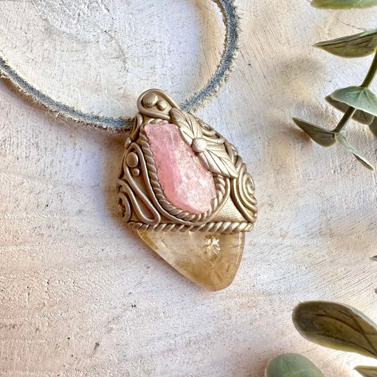 Handmade Citrine and Raw Morganite pendant necklace associated with abundance, joy and loving energy.