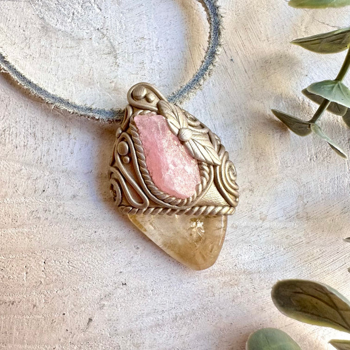 Handmade Citrine and Raw Morganite pendant necklace associated with abundance, joy and loving energy.