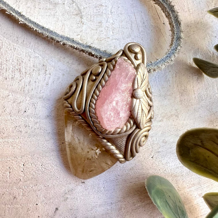 Artisan Citrine pendant featuring Raw Morganite, traditionally associated with confidence, abundance and gentle heart-centered energy.
