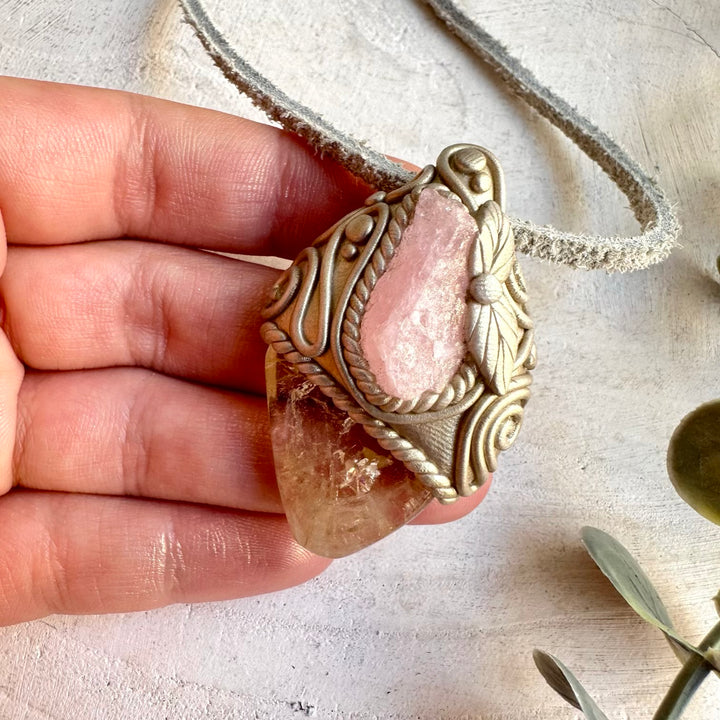 Natural Citrine crystal paired with Raw Morganite in a unique gemstone necklace symbolizing positivity and compassion.