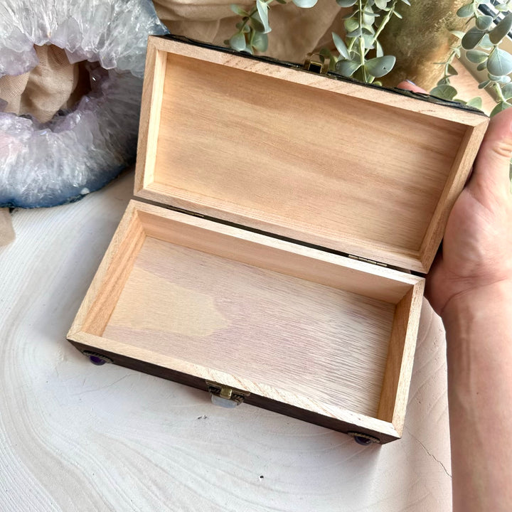 Handmade healing crystal keepsake box with larimar, moonstone, and amethyst spiritual details