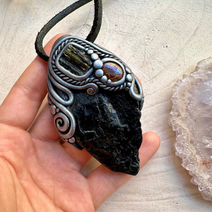 Moldavite and black tourmaline gemstone necklace