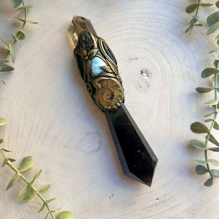 Spiritual crystal wand with citrine moldavite and larimar