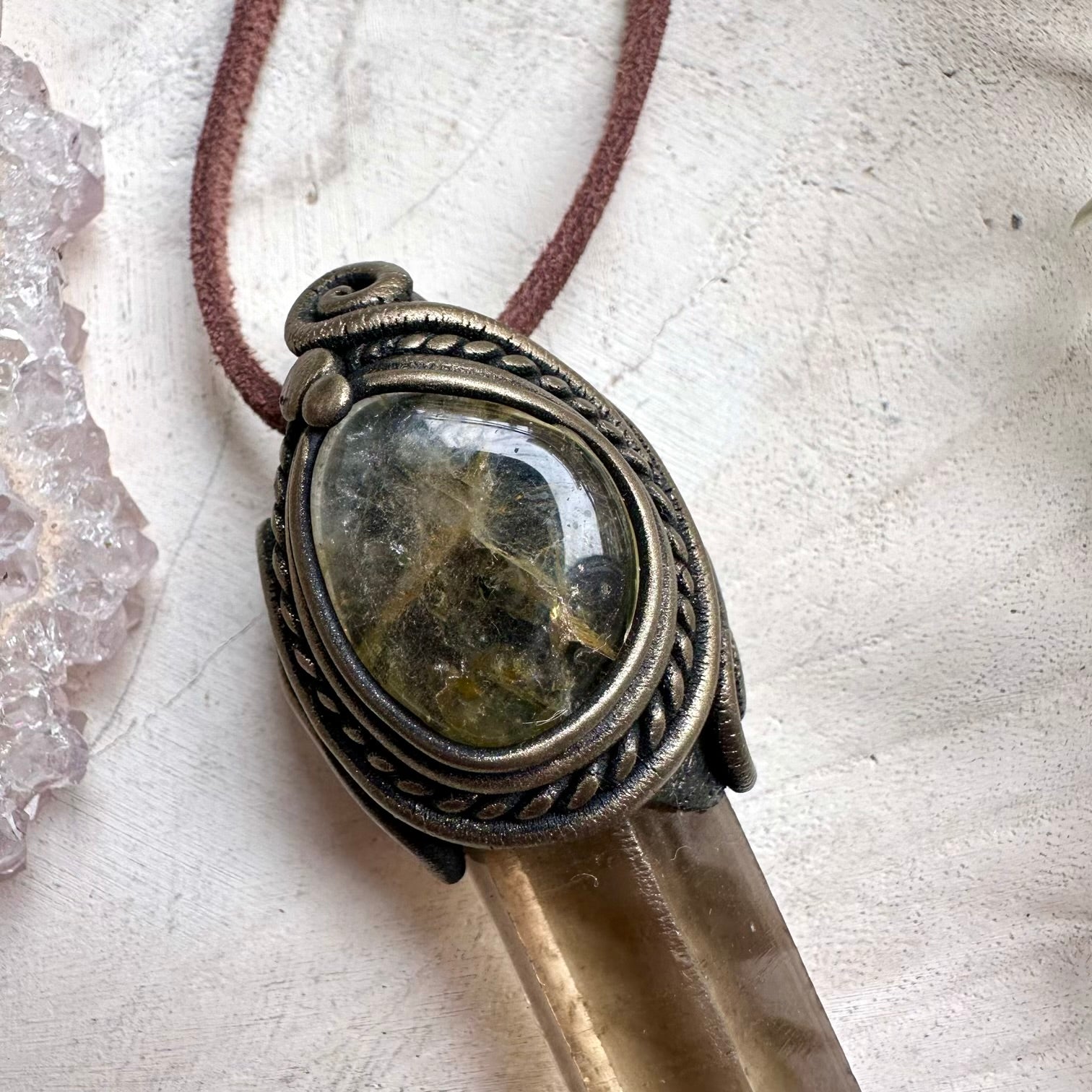 Spiritual crystal wand necklace with smoky quartz