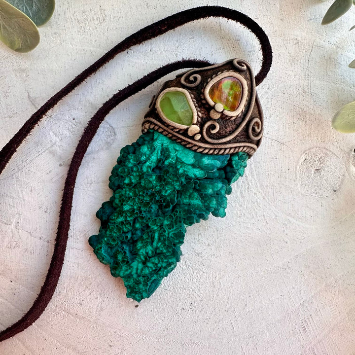 One of a kind crystal necklace with natural Malachite and Ammolite