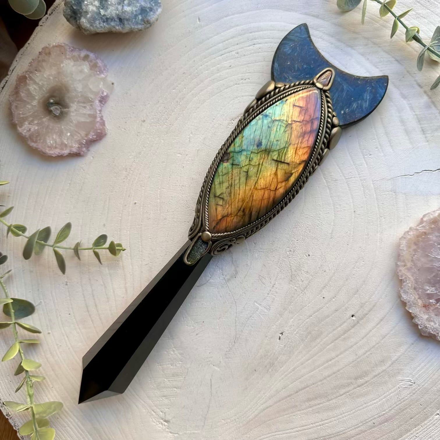 Unique crystal wand with moldavite and boulder opal