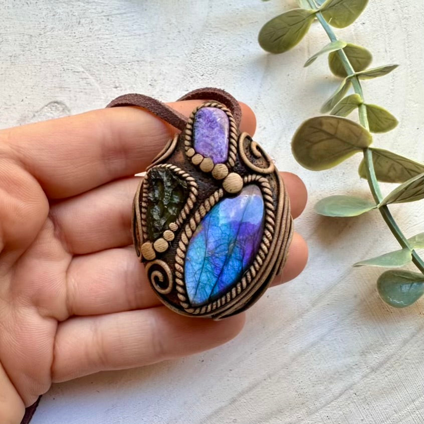 One of a kind gemstone necklace with labradorite charoite and moldavite