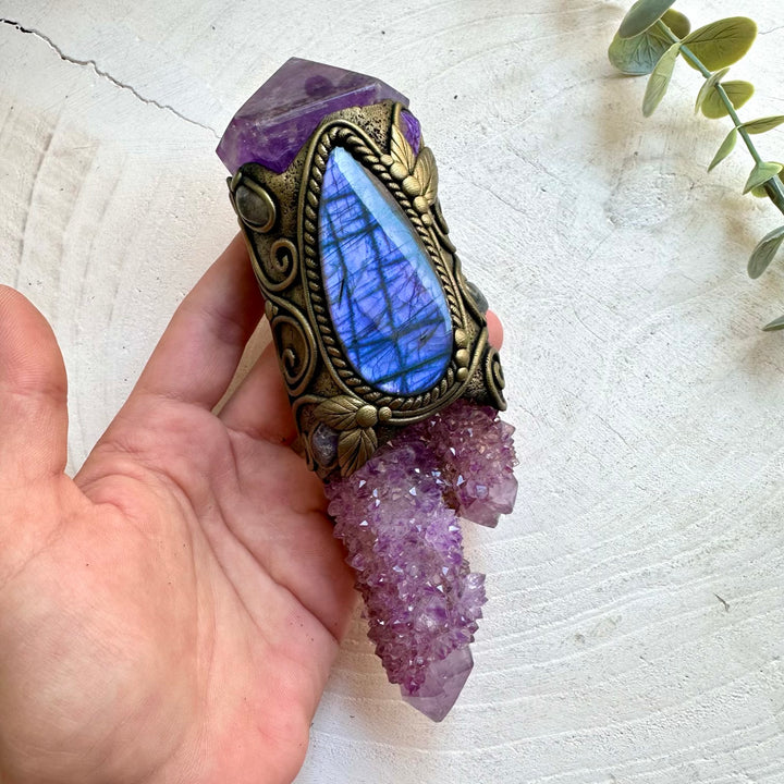 One of a kind crystal wand featuring Spirit Quartz and deep purple Amethyst gemstones.