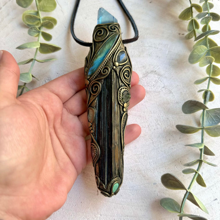 Long Raw Black Tourmaline with Aqua Aura Quartz, Labradorite, Raw Ethiopian Opal, Clear Topaz and Moldavite healing crystal wand talisman necklace.