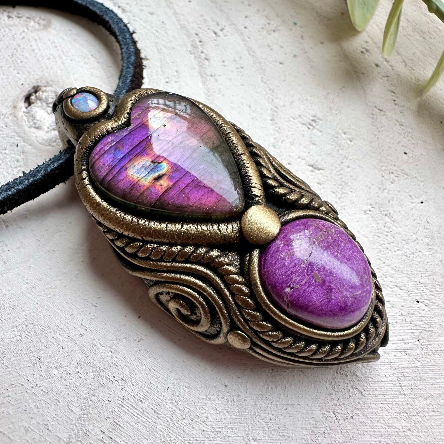 Purple labradorite heart paired with stichtite and australian opal