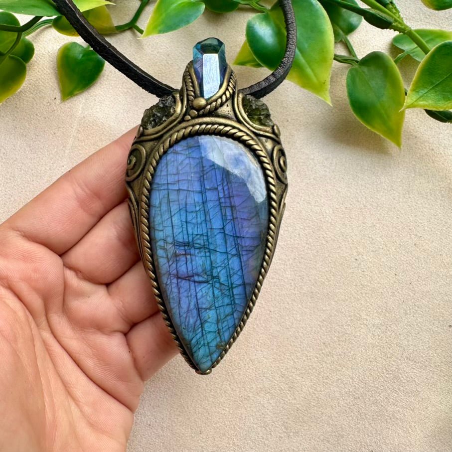Large Deep Purple - Blue Labradorite with Aqua Aura Quartz and Moldavite Necklace - FairyGardenGlow