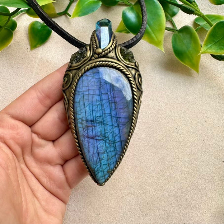 Large Deep Purple - Blue Labradorite with Aqua Aura Quartz and Moldavite Necklace - FairyGardenGlow