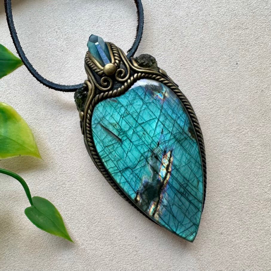 Labradorite Aqua Aura Quartz and Moldavite Crystal Necklace, One of a kind Gemstone Jewelry - FairyGardenGlow