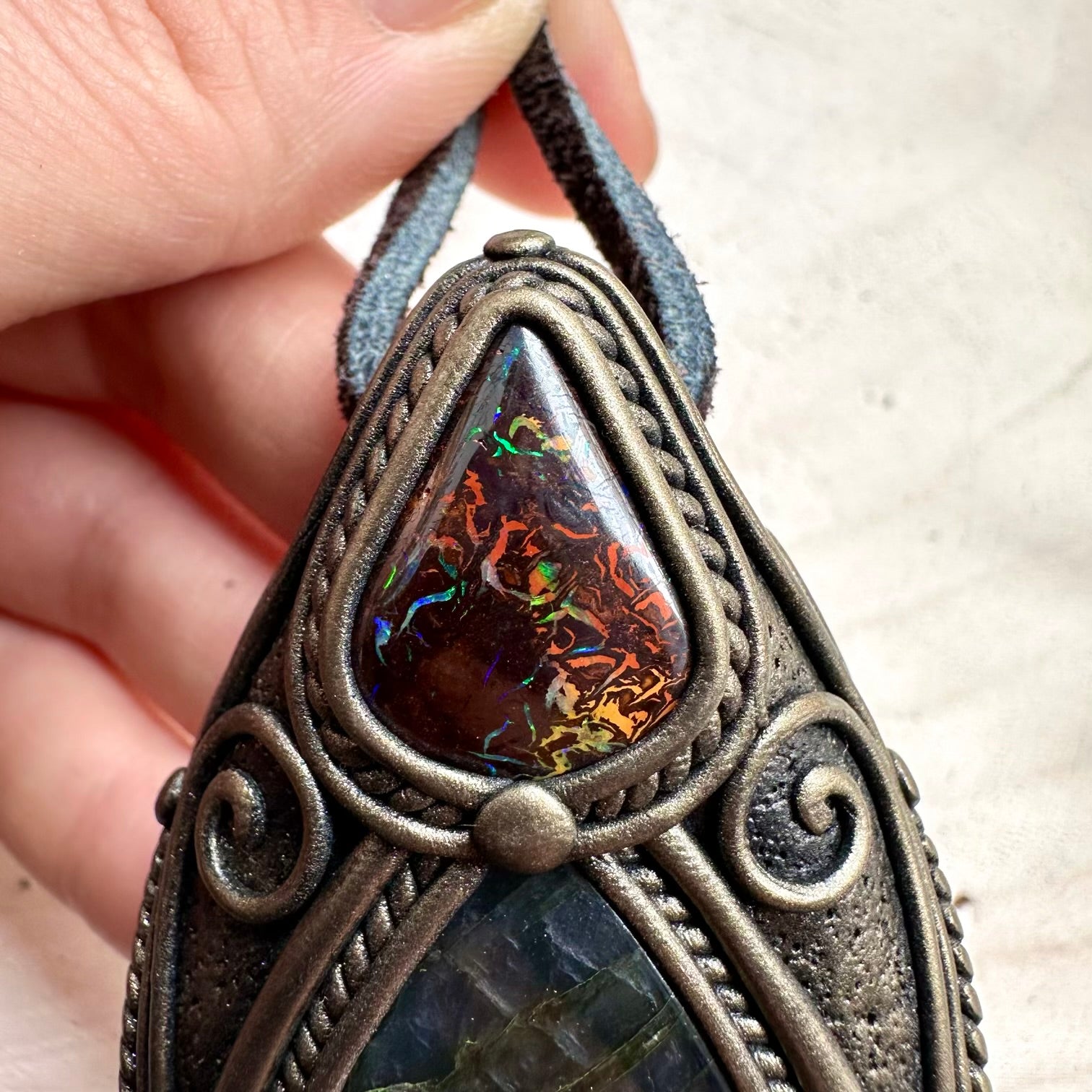 One of a kind labradorite and boulder opal gemstone necklace