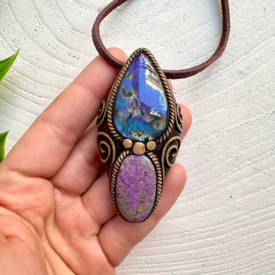 One-of-a-kind Labradorite and Stichtite pendant, wearable unisex spiritual crystal amulet handcrafted with love.