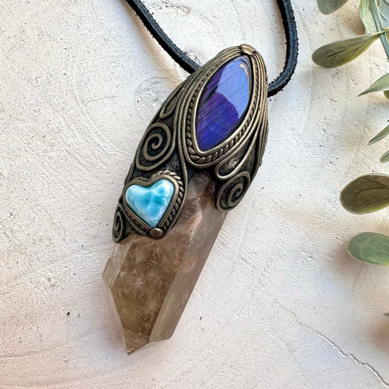 Smoky quartz labradorite and larimar heart pendant necklace