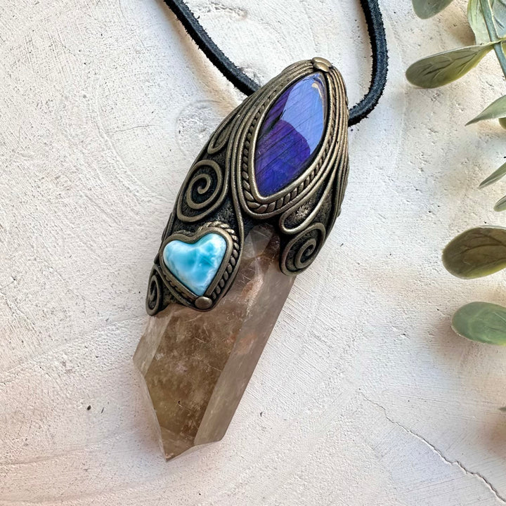 Smoky quartz labradorite and larimar heart pendant necklace