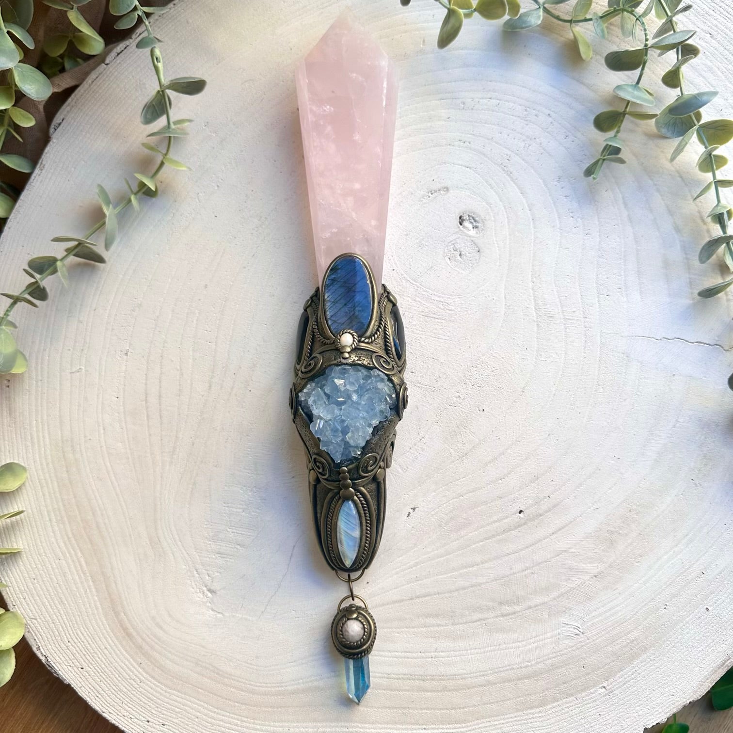 Spiritual crystal wand with rose quartz labradorite and Australian opal