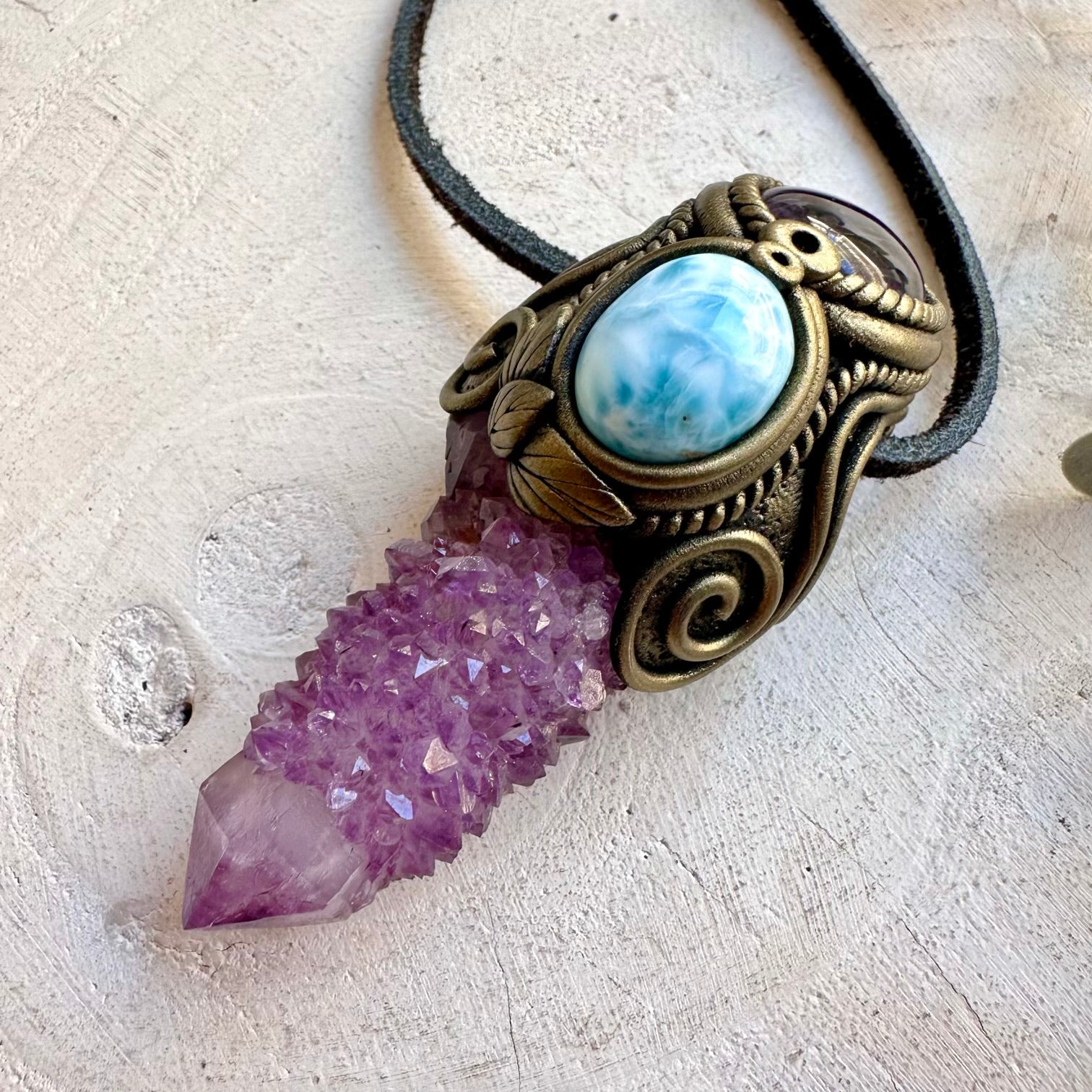 Unique crystal talisman featuring natural Spirit Quartz, soft blue Larimar and purple Amethyst.