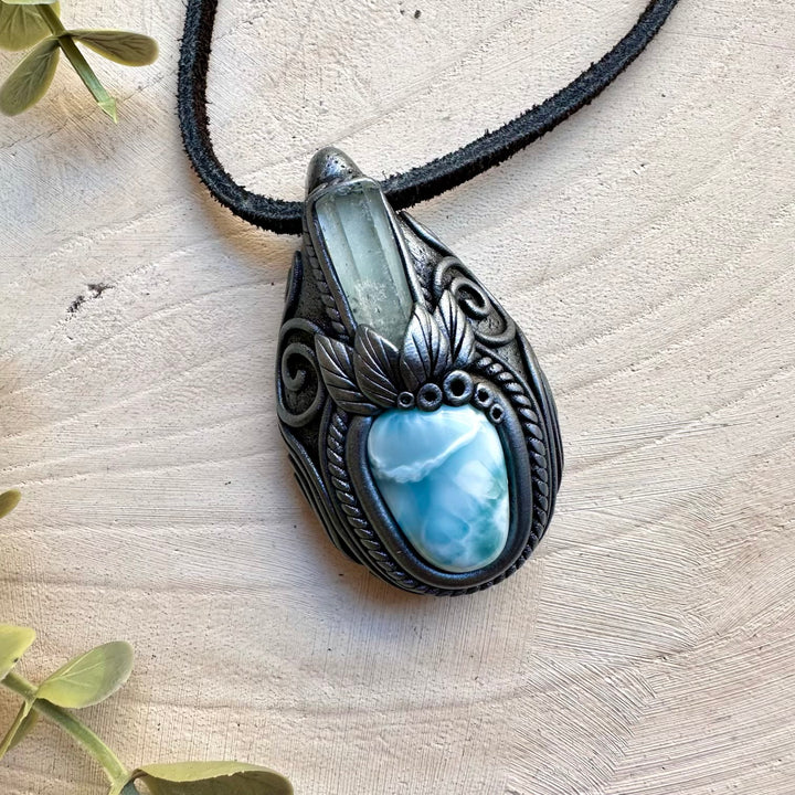 One of a kind larimar and aquamarine gemstone necklace