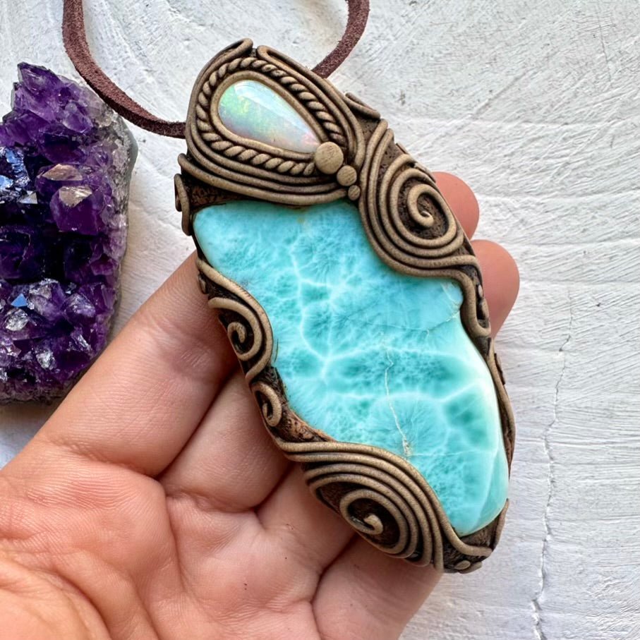 Large Larimar and Australian Opal Pendant Necklace, Healing Crystal Jewelry - FairyGardenGlow