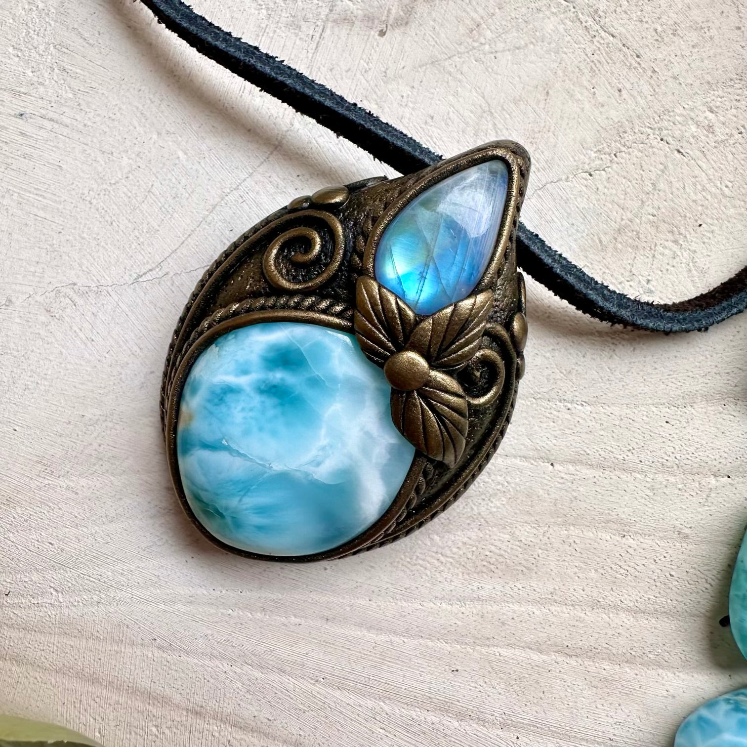 One of a kind larimar and moonstone gemstone necklace