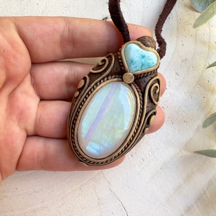 Rainbow Moonstone and Larimar heart necklace handmade with natural gemstones