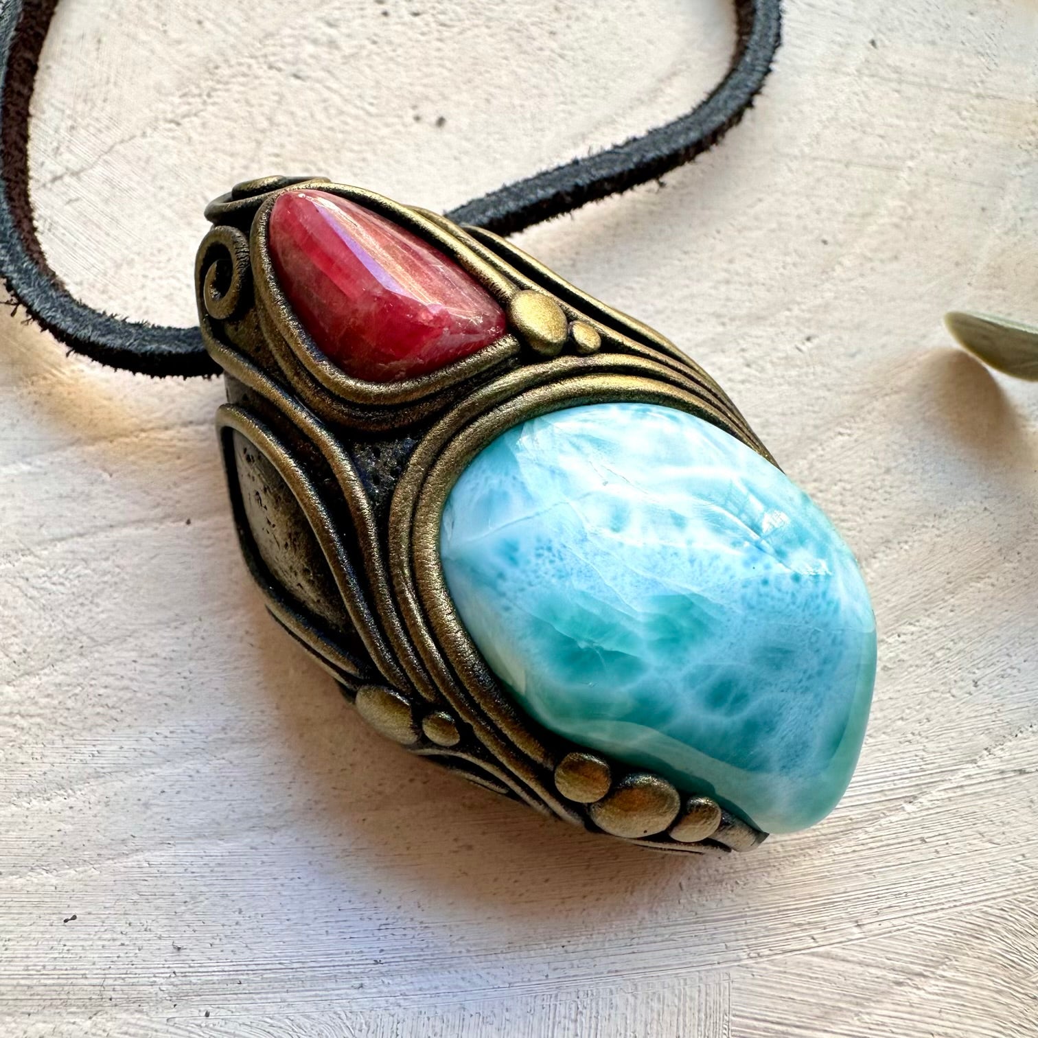 One of a kind larimar and rhodonite gemstone necklace