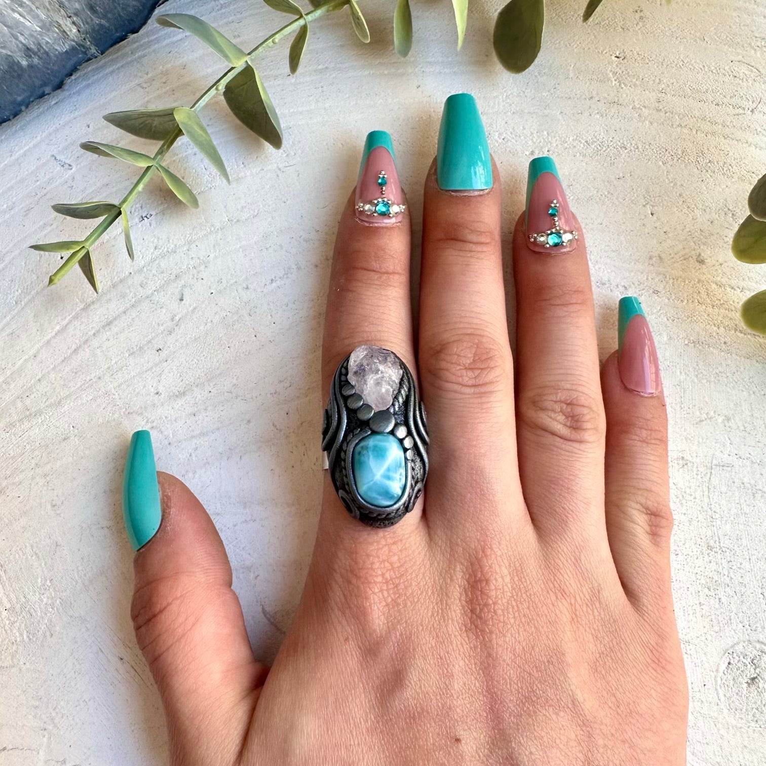 Larimar and raw rose quartz healing crystal ring