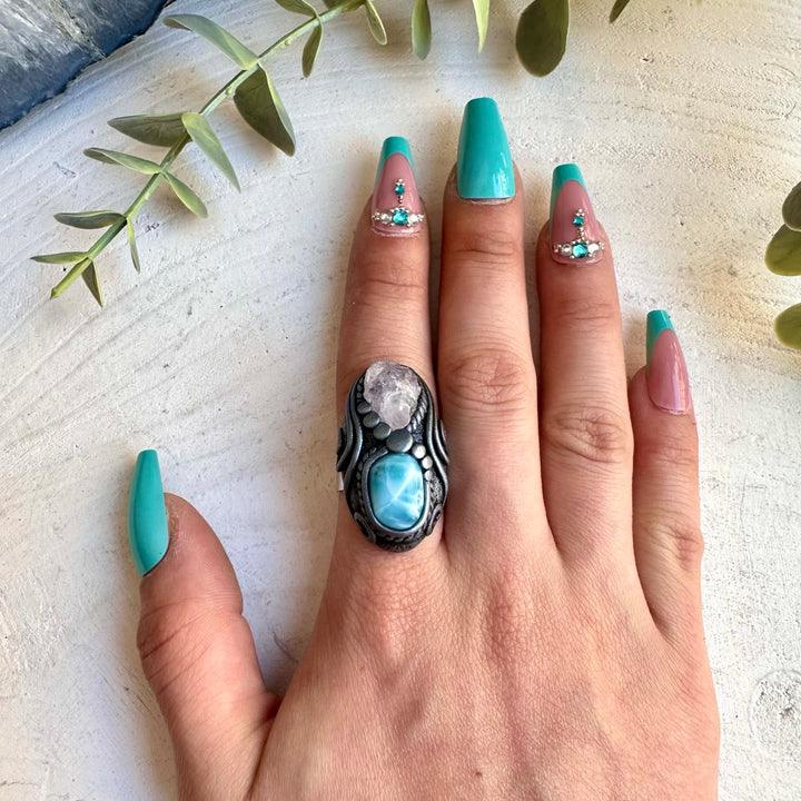 Larimar and raw rose quartz healing crystal ring