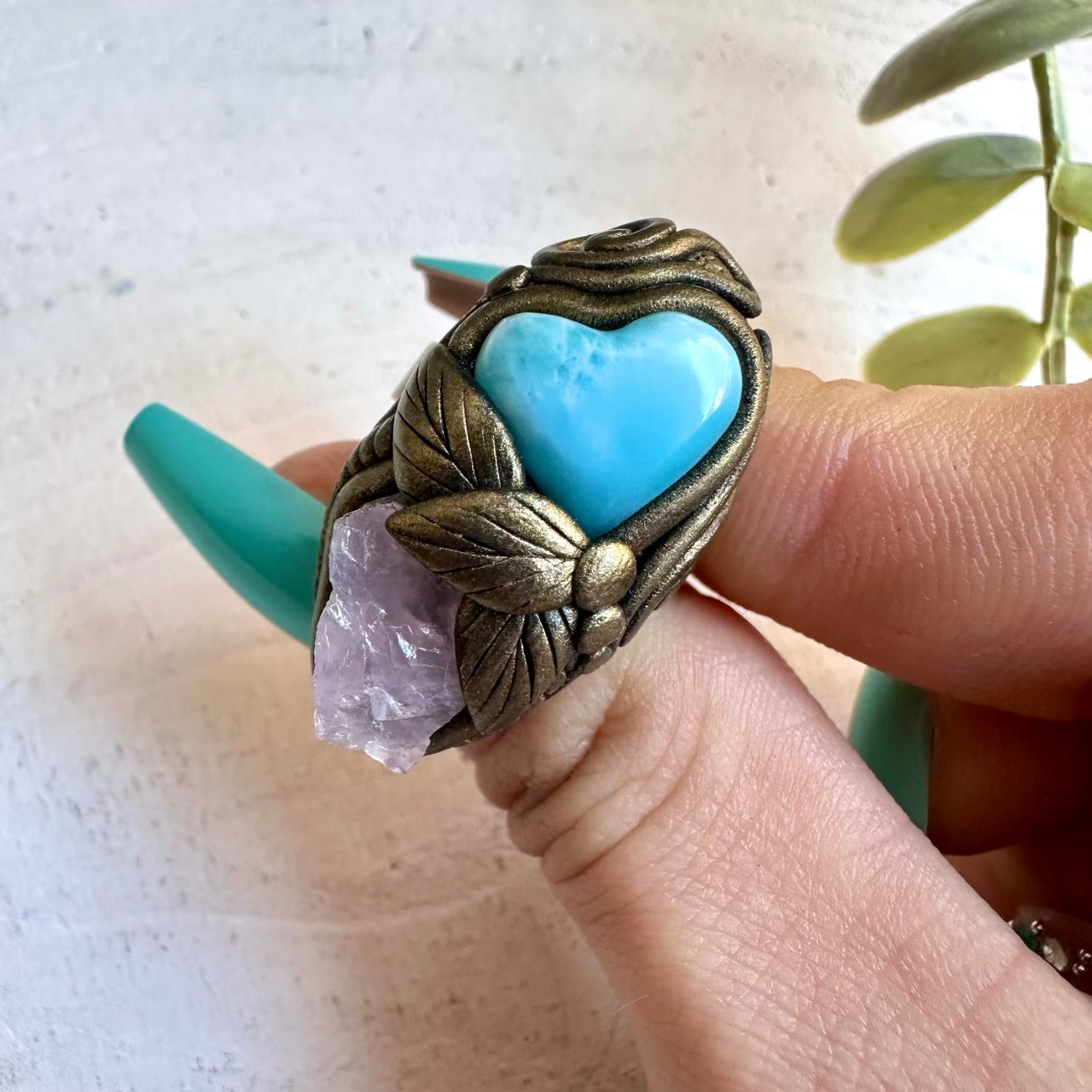 Handmade ring with larimar heart and raw rose quartz