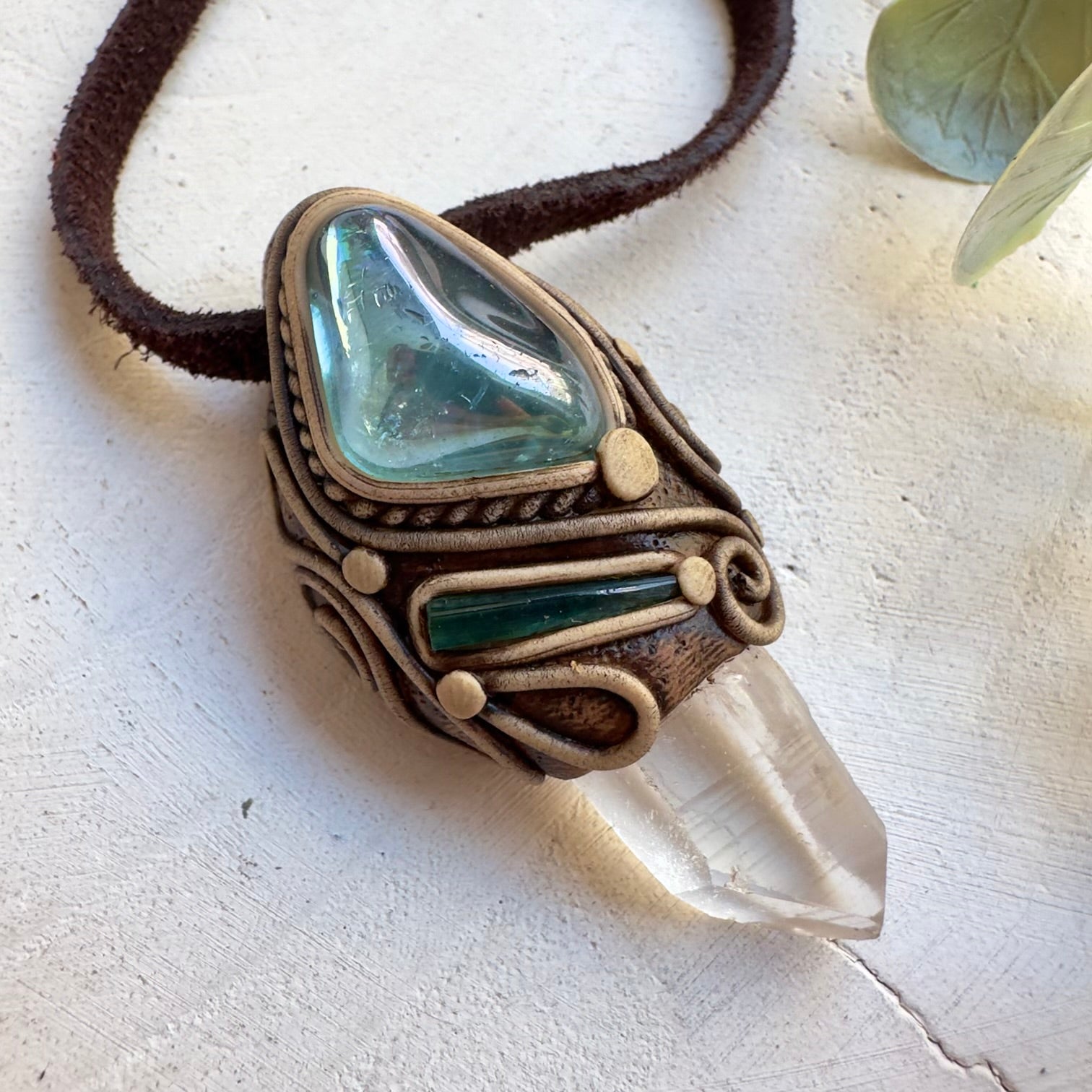 Crystal healing necklace featuring Lemurian Seed Quartz and Aqua Aura Quartz