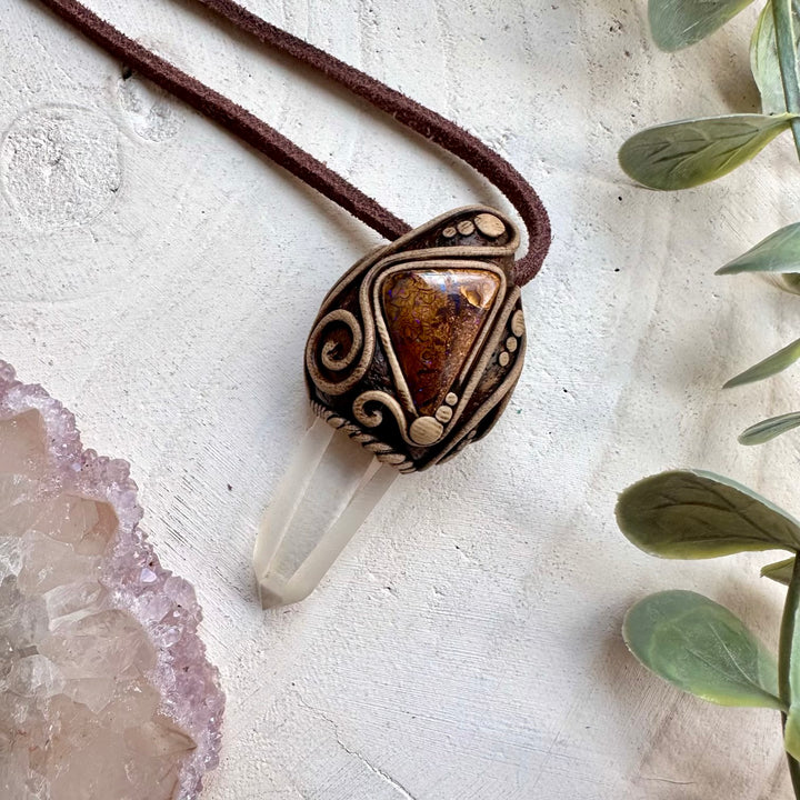 One of a kind lemurian quartz and opal gemstone necklace