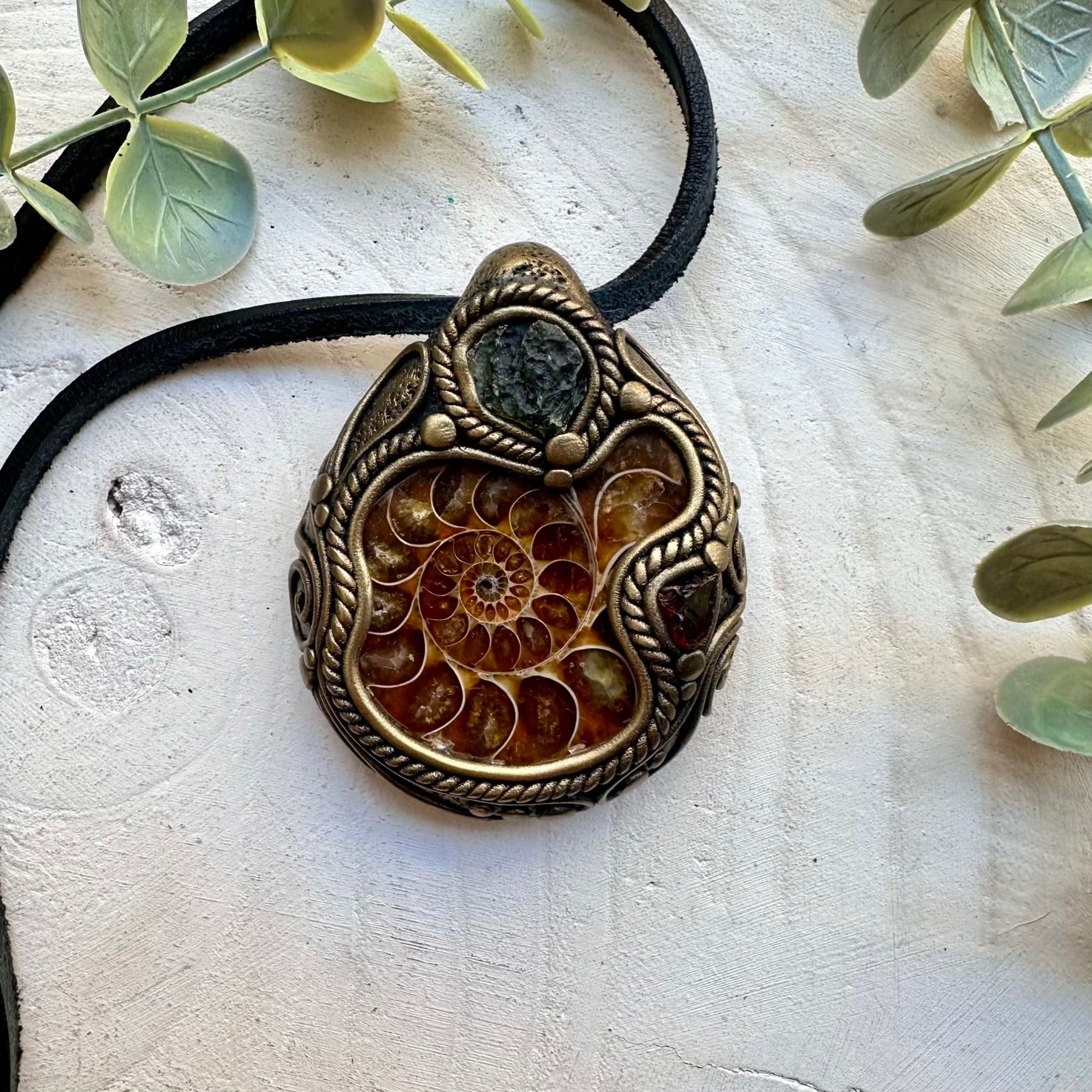 One of a kind moldavite ammonite and garnet gemstone necklace