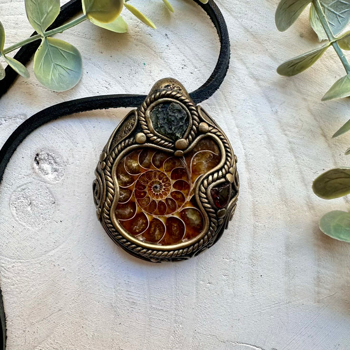 One of a kind moldavite ammonite and garnet gemstone necklace