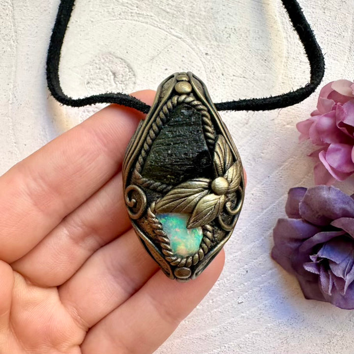 Ethically sourced green raw Moldavite crystal with fiery raw Ethiopian Opal flash, handcrafted healing pendant necklace.