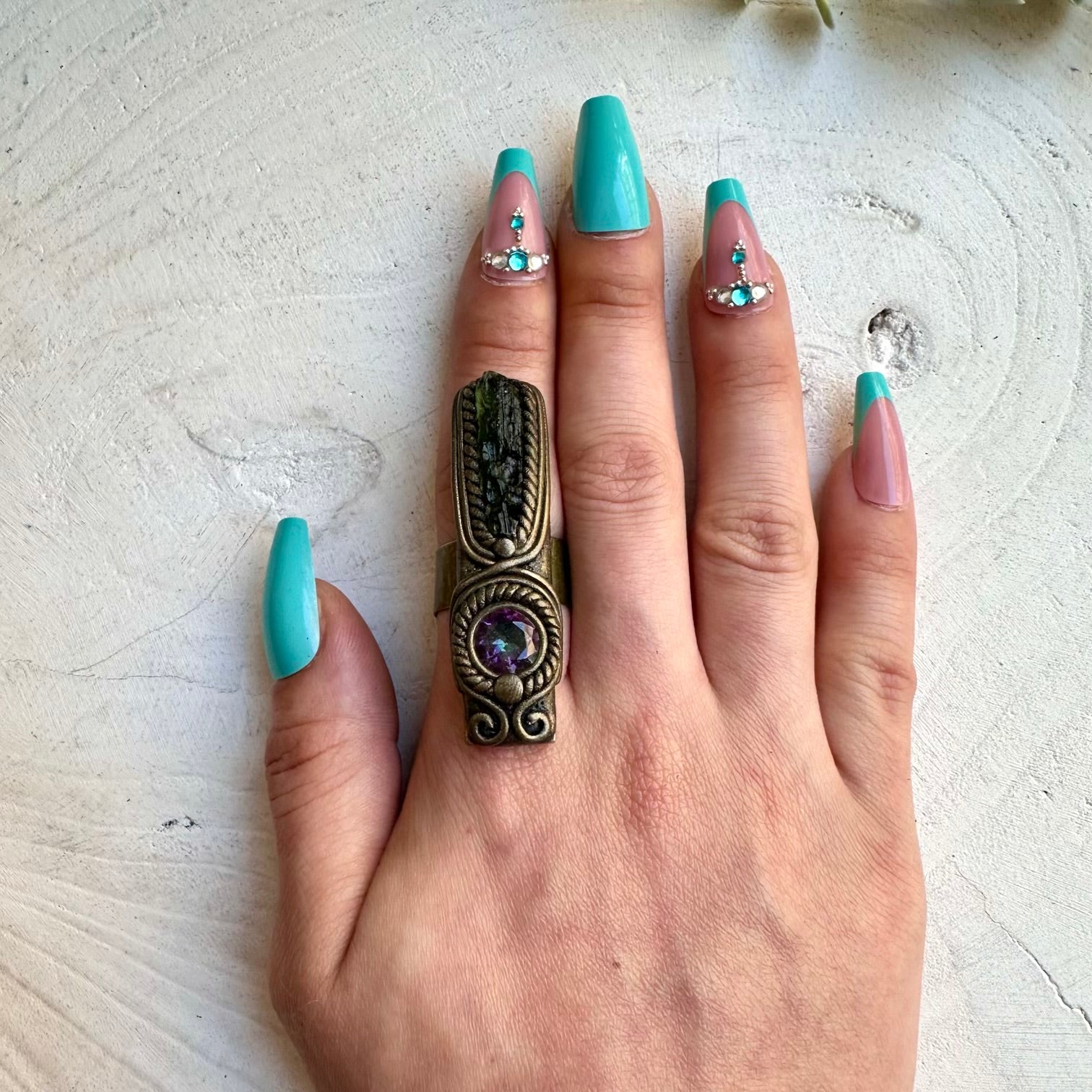Handmade ring with moldavite and mystic topaz gemstones