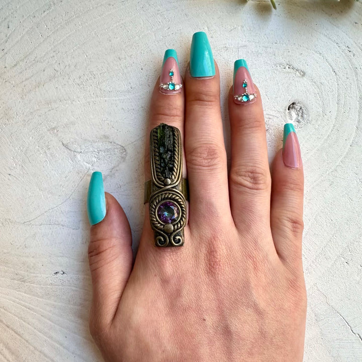 Handmade ring with moldavite and mystic topaz gemstones