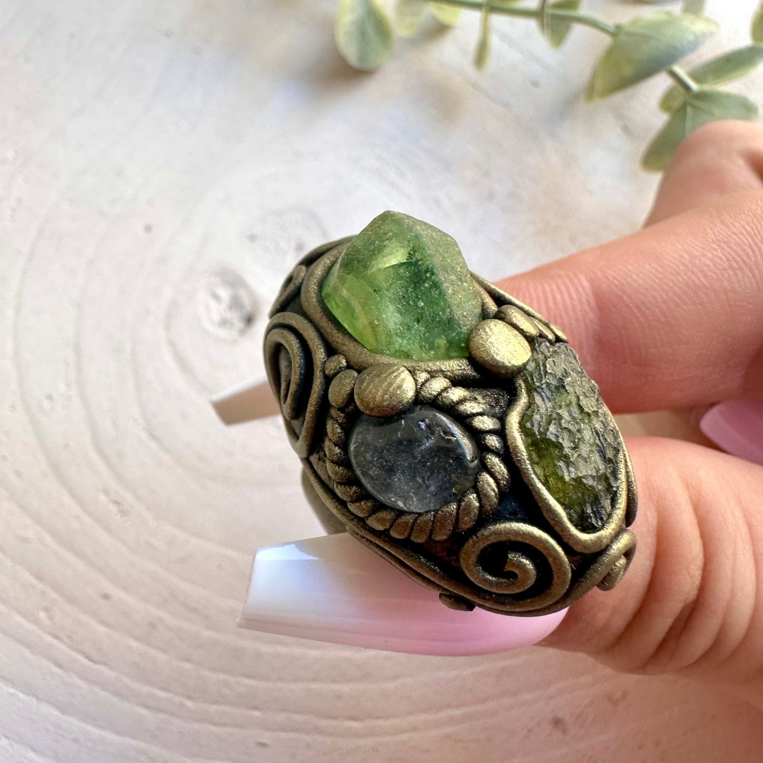 Moldavite with Peridot and Clear Topaz adjustable ring handcrafted with genuine natural gemstones.