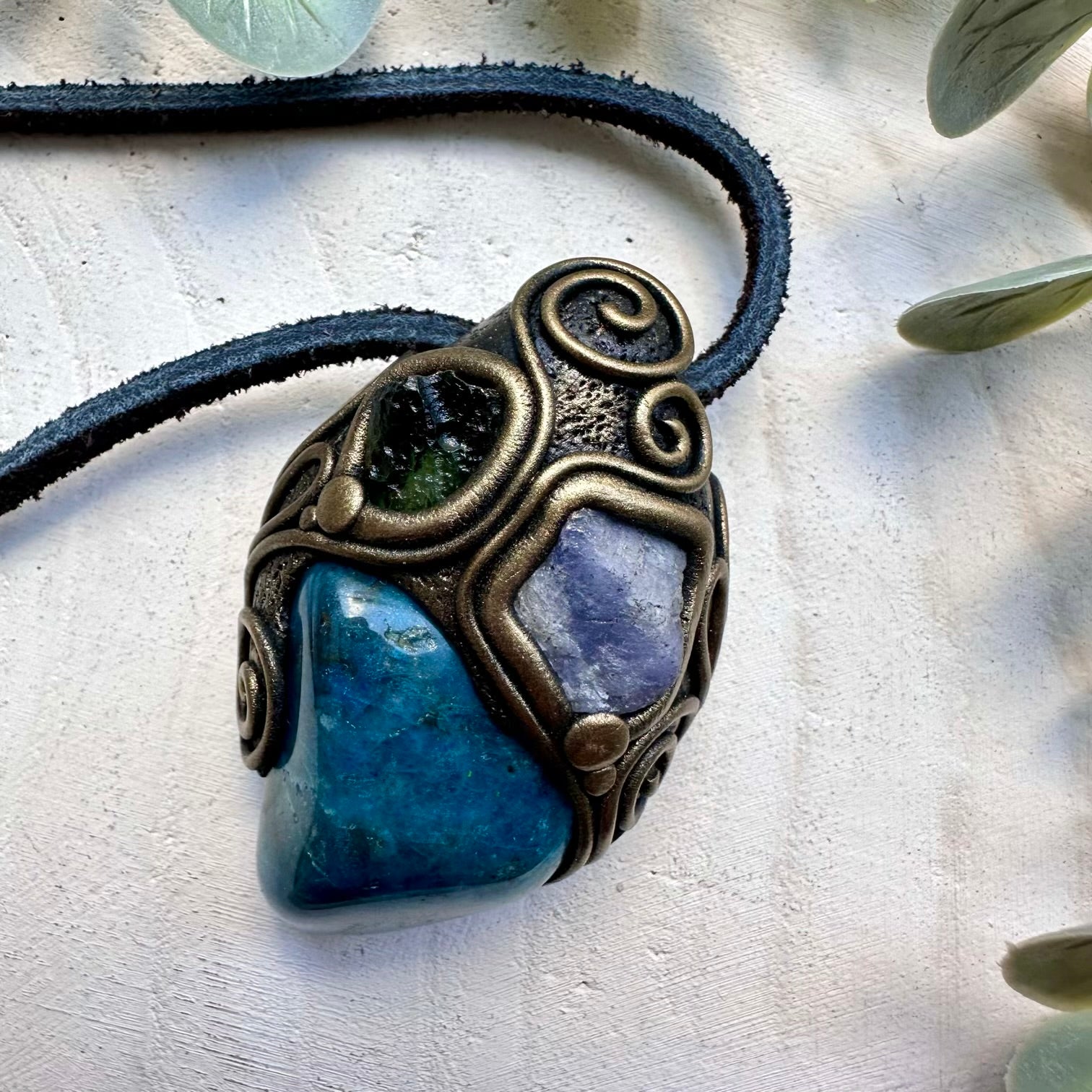 One of a kind moldavite shattuckite and tanzanite raw gemstone necklace