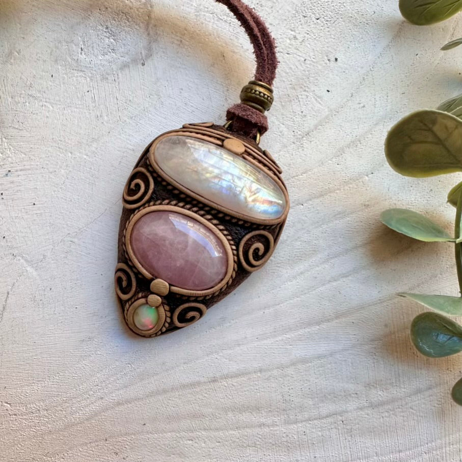Healing crystal necklace with rainbow moonstone rose quartz and Ethiopian opal