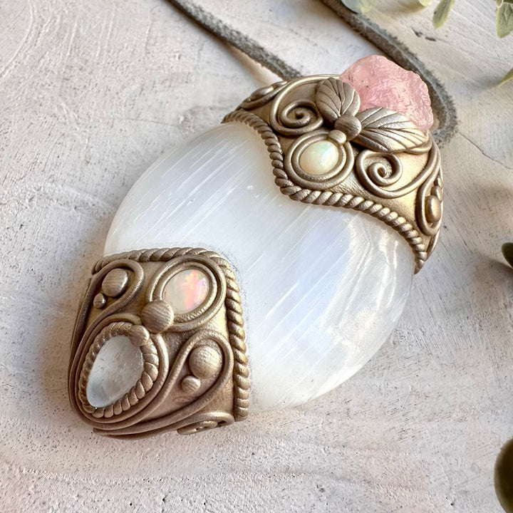 Handmade healing crystal necklace featuring Selenite, Raw Morganite and natural Ethiopian Opal.