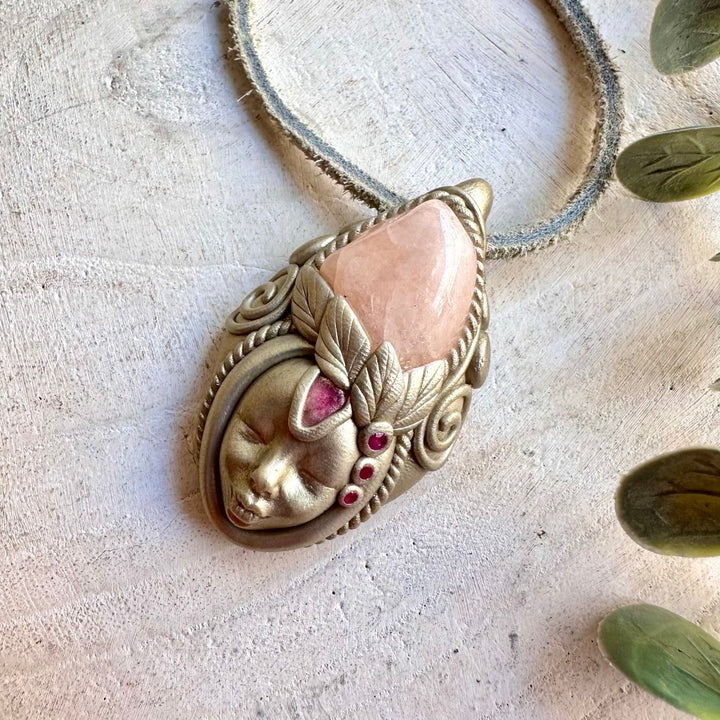 Morganite with Ruby and Pink Tourmaline Goddess necklace, handcrafted as unique spiritual gemstone jewelry.