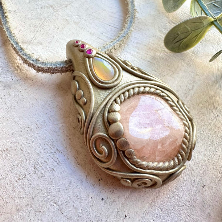 Unique spiritual necklace combining Morganite with luminous Ethiopian Opal and natural Ruby.