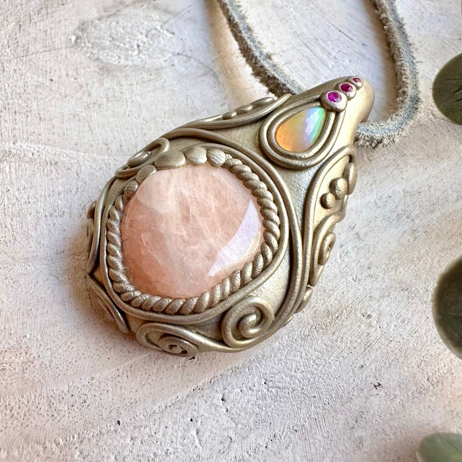 Morganite with Ethiopian Opal and Ruby necklace, handcrafted as unique gemstone jewelry.