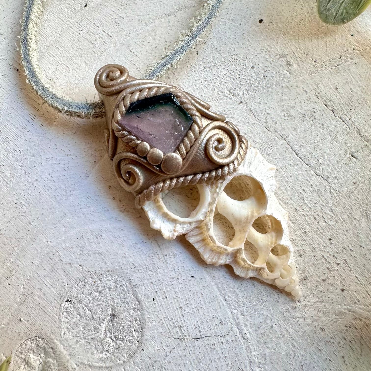 Ocean & Earth Crystal Necklace with Seashell Slice and Bi-Color Tourmaline – Spiritual Jewelry