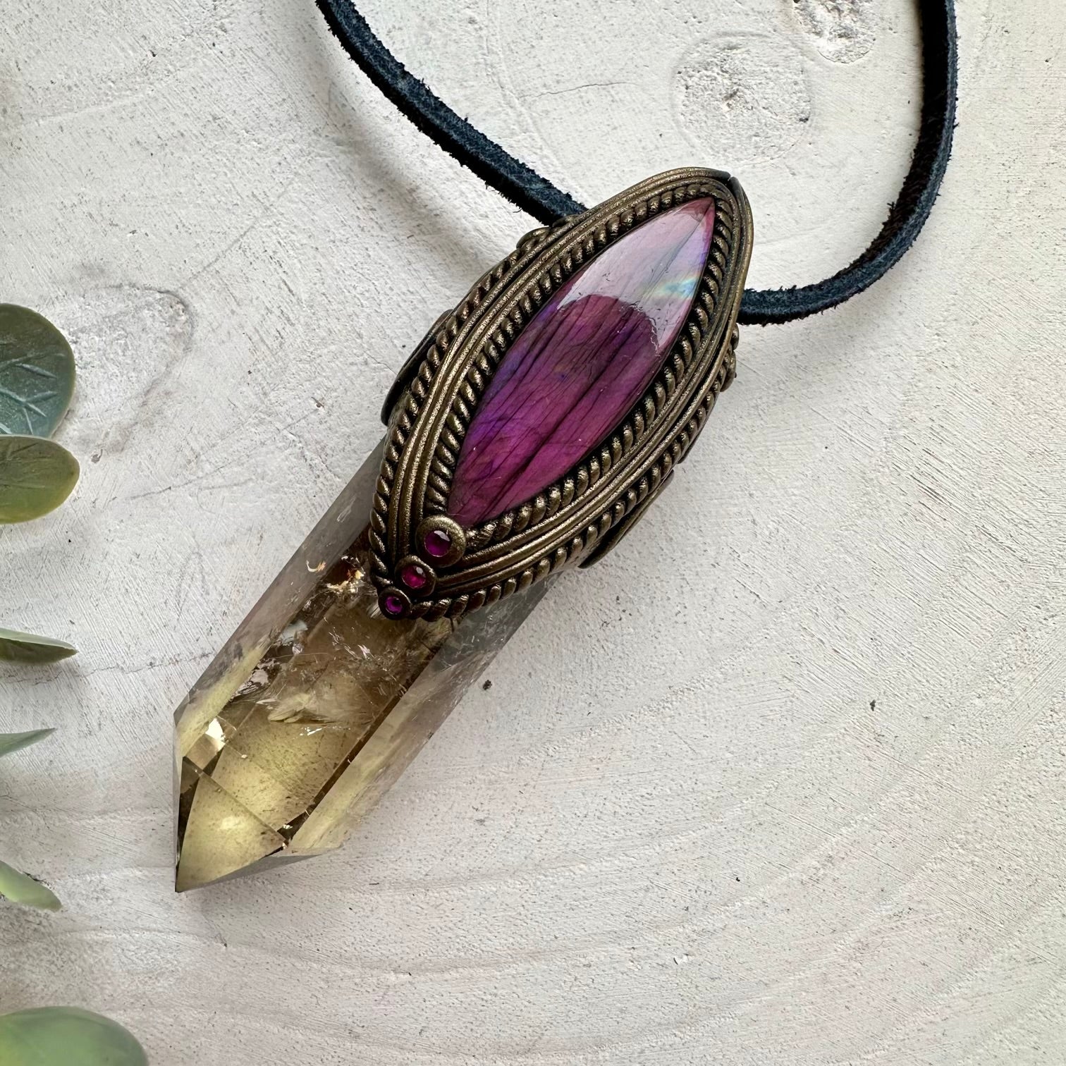 One of a kind citrine crystal wand necklace with ruby gemstone
