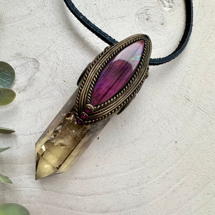 One of a kind citrine crystal wand necklace with ruby gemstone