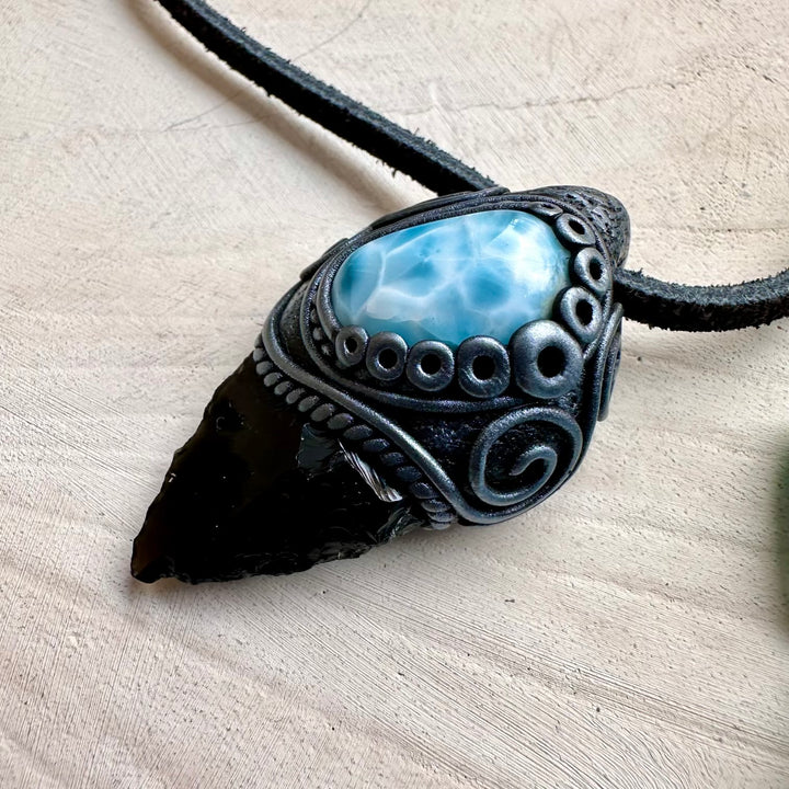 Protection necklace with black obsidian and larimar
